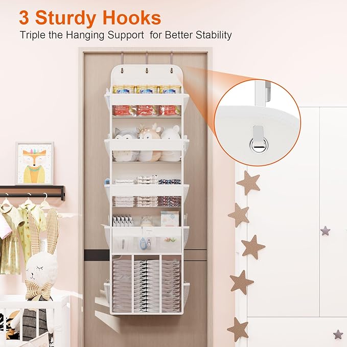 OneDream 5-Tier Over the Door Organizer with Removable Storage Caddy, Baby Clothes Organizer for Nursery, Hanging Behind Door