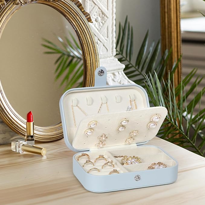 Hatori Travel Jewelry Box, PU Leather Small Jewelry Organizer for Women Girls, Double Layer Portable Mini Travel Case Display