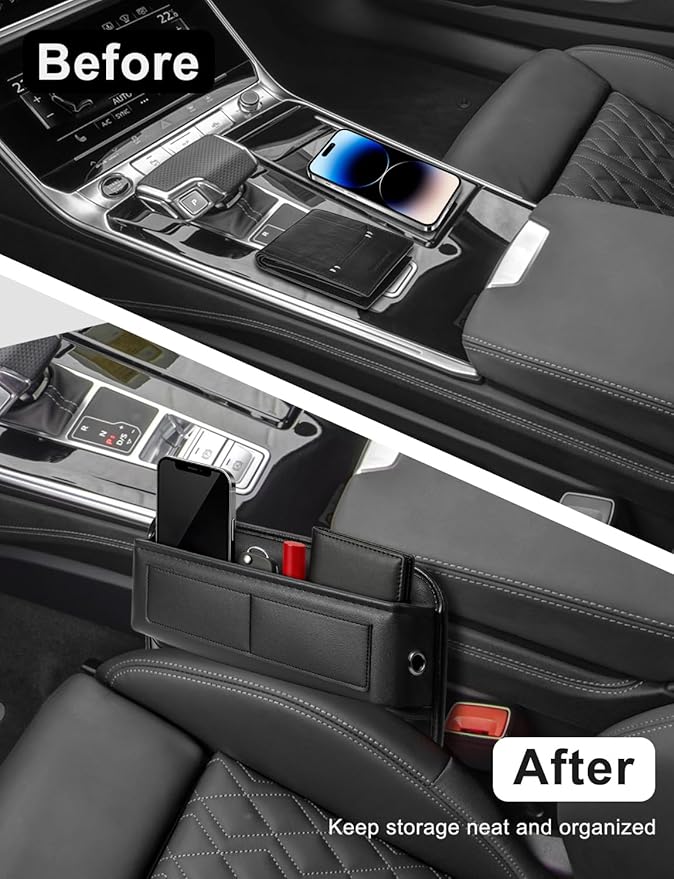 2 Pack Car Universal Fit Seat Gap Filler Organizer, Premium Leather Front Car Gap Filler, Center Console Seat Side Organizer with Card Slots for Car, SUV Truck, Easy Access to Phone, Sunglasses, Key