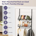 SWTYMIKI Over Door Hat Organizer - 3 Tier Wall Mounted Hat Rack with 2 Adjustable Metal Basket and 3 Hooks, Hanging Baseball 