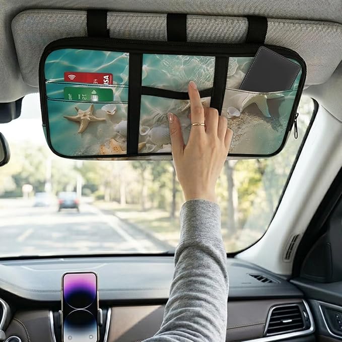 Beach Starfish Car Sun Visor Organizer for Women Men Multi-Pocket Storage Pouch with Zipper, Scratch-Resistant Auto Visor Holder for SUV, Truck Car Interior Storage Accessories