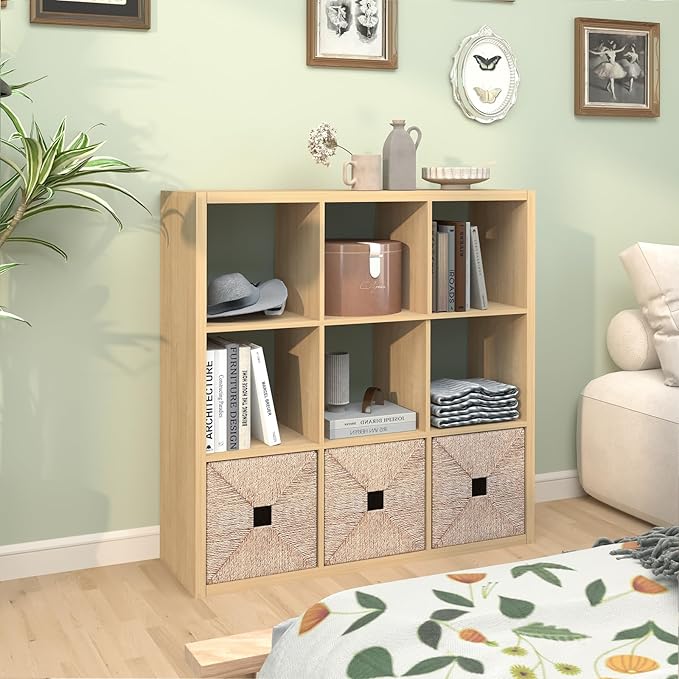 CTESNE【2026 Wooden Thick Frame 9 Cube Storage Organizer Shelf with Anti-Tipping Kits + Reversible Open Back Bookcase, Horizon