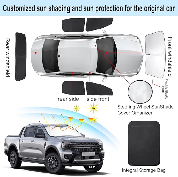 Windshield Sun Shade Foldable Full Windows Coverage Custom Fit for 2019-2024 Fo-rd Ranger Accessories Car Window Shades Block Sun UV Rays Privacy Protection 6PCS