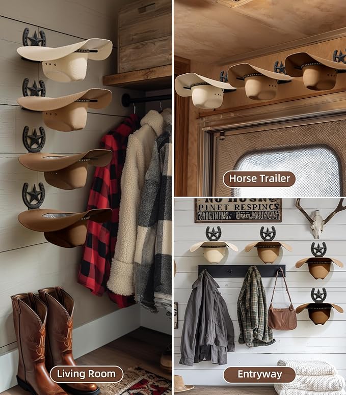 Cowboy Hat Holder Wall Mount for Wide Brim Hats Rustic Horseshoe Hooks with Texas Star Metal Hat Hanger Organizer for Closet 