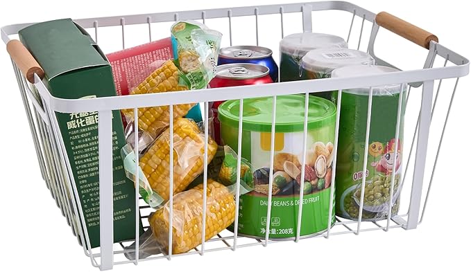 LeleCAT Wire Baskets with Wooden Handle ,Metal Wire Storage Baskets Country Vintage Style Storage Baskets.Storage bins for Ki