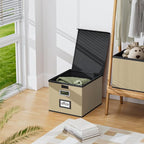 Huolewa Faux Leather File Organizer Box with Lid, Collapsible Hanging File Folder Box Organizer with Plastic Slides, Decorati