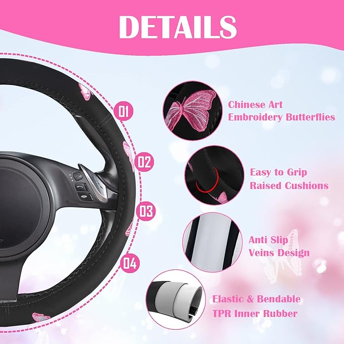 CAR PASS Universal Cloth Butterfly Car Seat Covers Full Set, Embroidered Flower Waterproof Car Floor Mats Carpet, Butterflies