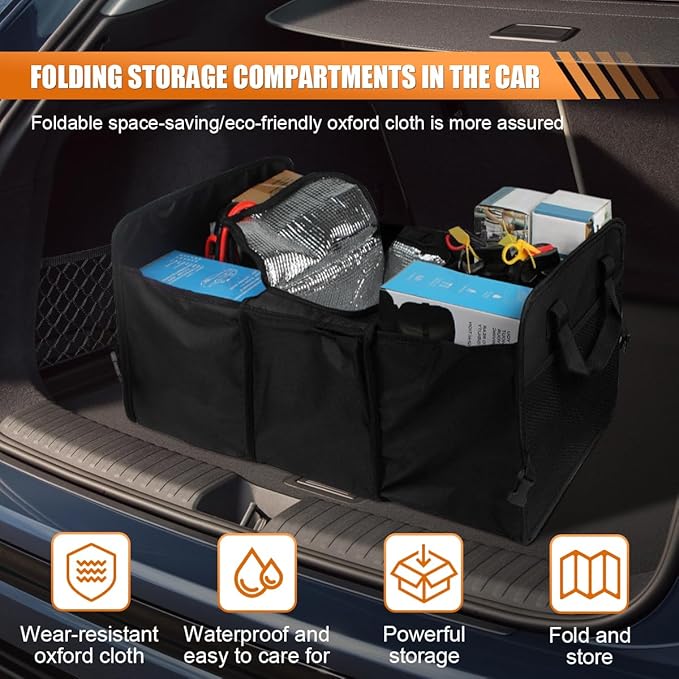 Car Trunk Organizer, Oxford Fabric Waterproof & Anti-Slip Vehicle Storage Box with Leak Proof & Insulated Cooler Bag, Large Cap
