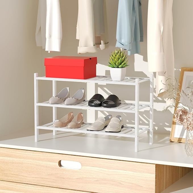 RONGJlA 2 Tier Bamboo Shoe Rack for Closet Free Standing Wood Shoe Shelf Storage Organizer for Entryway Small Space Stackable