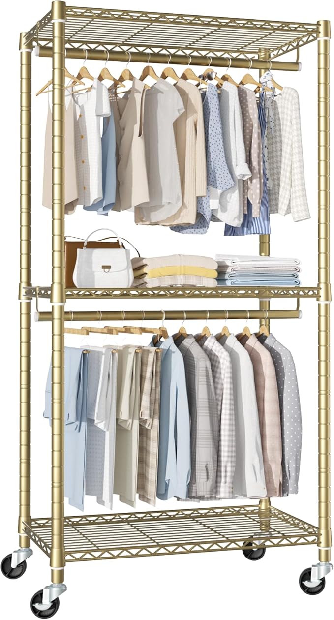 FUTASSI P1 Medium Heavy-Duty Portable Closet, 30" W x 14" D x 76" H, Metal Rolling Clothing Rack, Gold