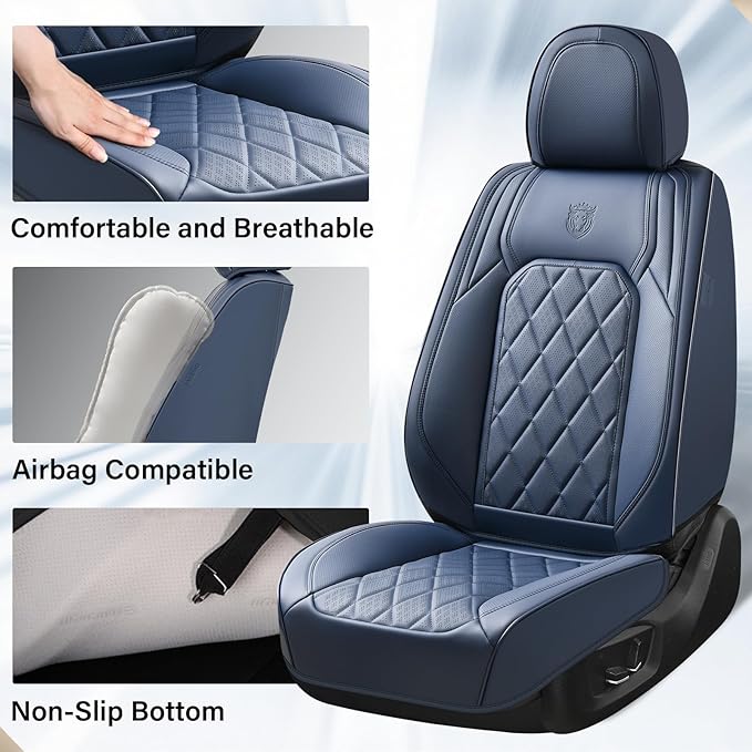 Coverado Car Seat Covers Full Set, Luxury Faux Leather Seat Covers for Cars, Waterproof Car Seat Protector, Blue Car Seat Cov
