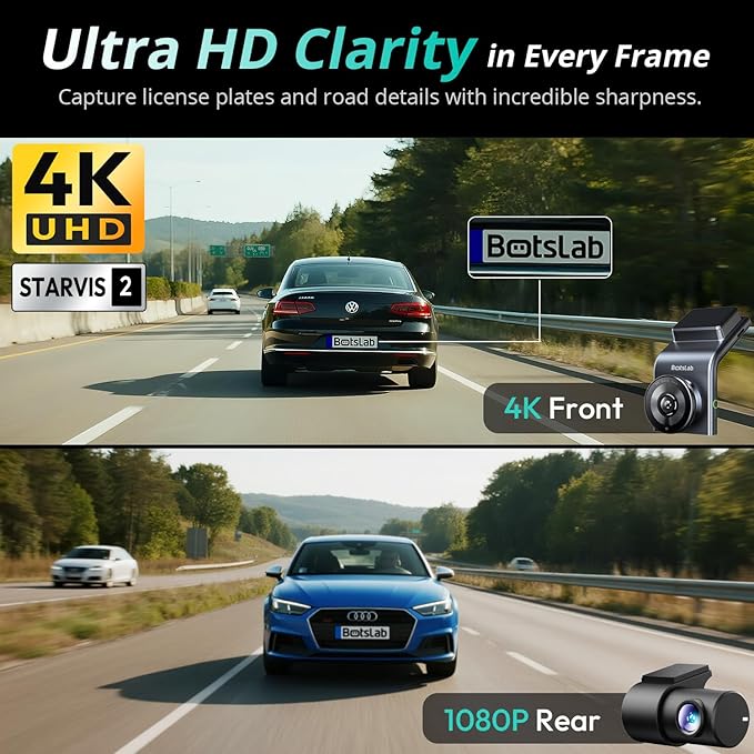 BOTSLAB 4K Dash Cam Front and Rear, STARVIS 2 Sensor, Voice Control, 64GB Card Included, 5GHz WiFi Dashcam Front and Rear Cam