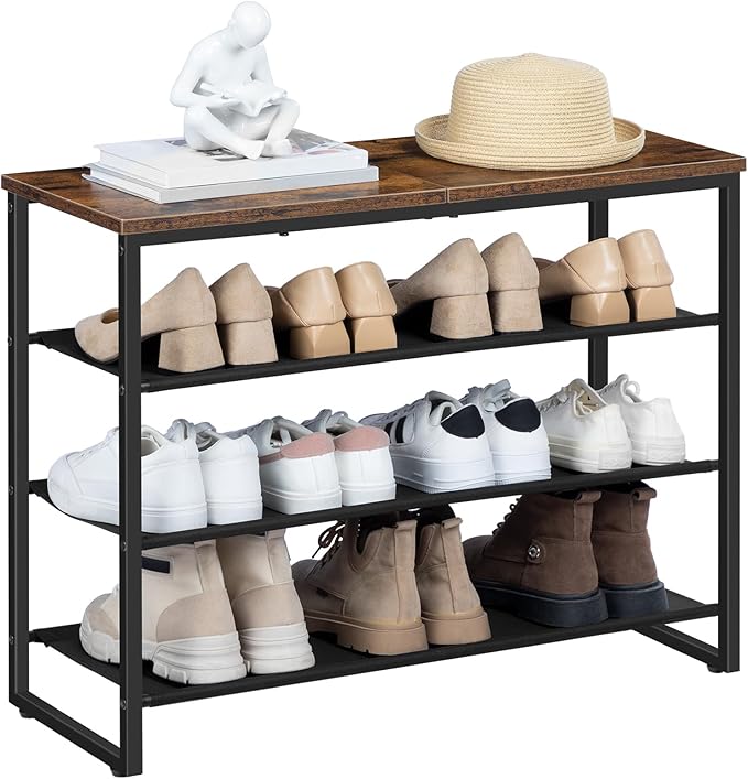HOOBRO Shoe Rack, 4 Tier Shoe Storage Organizer with 3 Oxford Fabric Shelves and Top Panel, Holds 12-16 Pairs of Shoes for En