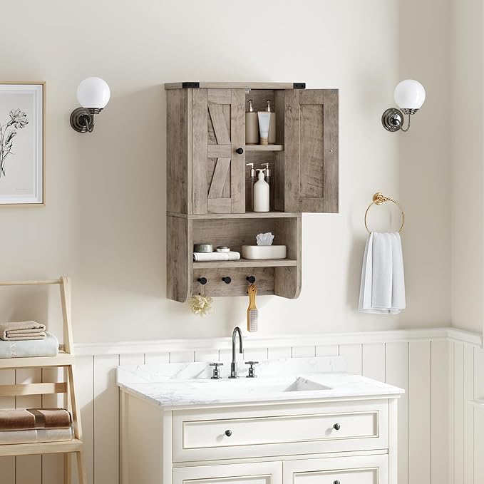 MAHANCRIS Bathroom Wall Cabinet, Farmhouse Medicine Cabinet with Adjustable Shelf, 3-Tier Wall-Mounted Storage Cabinet with 3