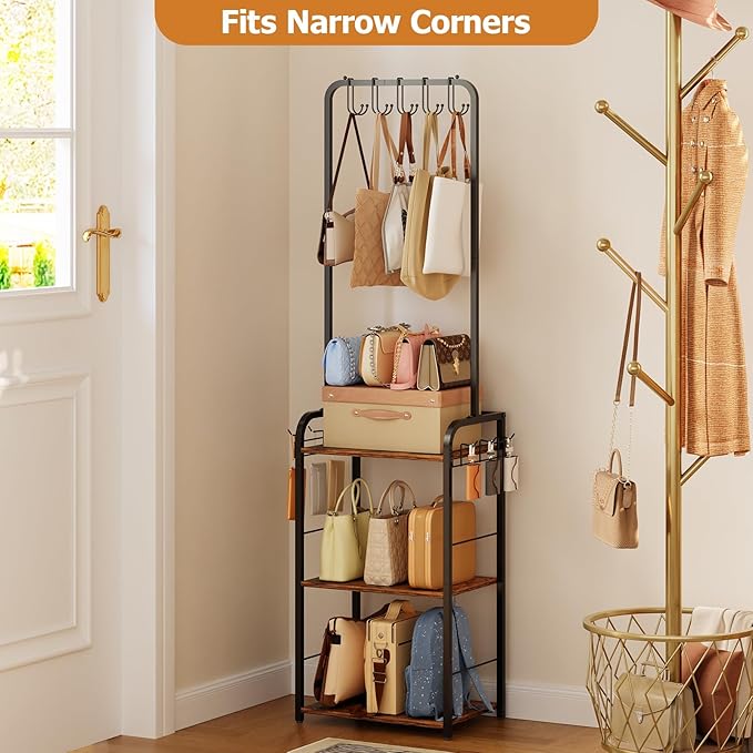 Floor-Standing Purse Organizer for Closet with 5 Hangers & 6 Side Hooks, Tall Purse Rack Stand for Purse Storage, High-Capaci