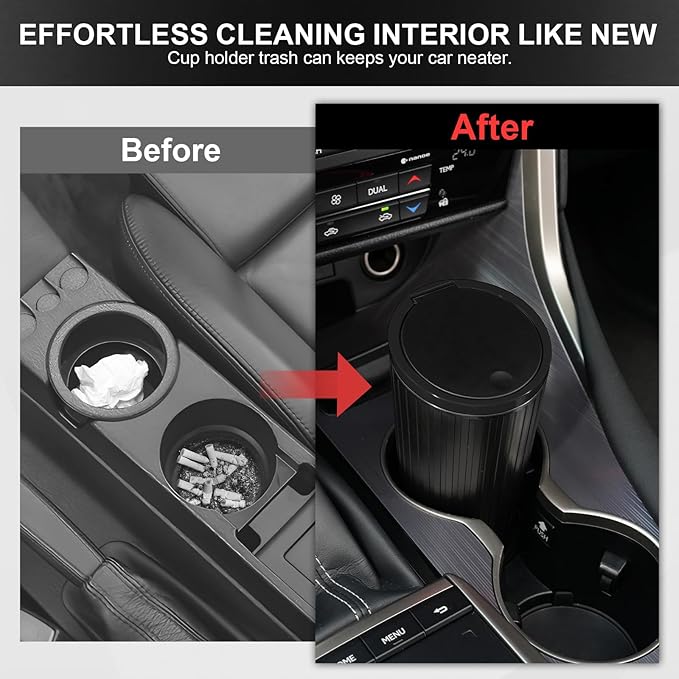 SINGARO 2PCS Car Trash Can with Lid, Leakproof Mini Garbage Bin for Car Cup Holder, Small Trash Can for Vehicle, Home & Office - Includes 60 Bags, Easy Clean (Black)