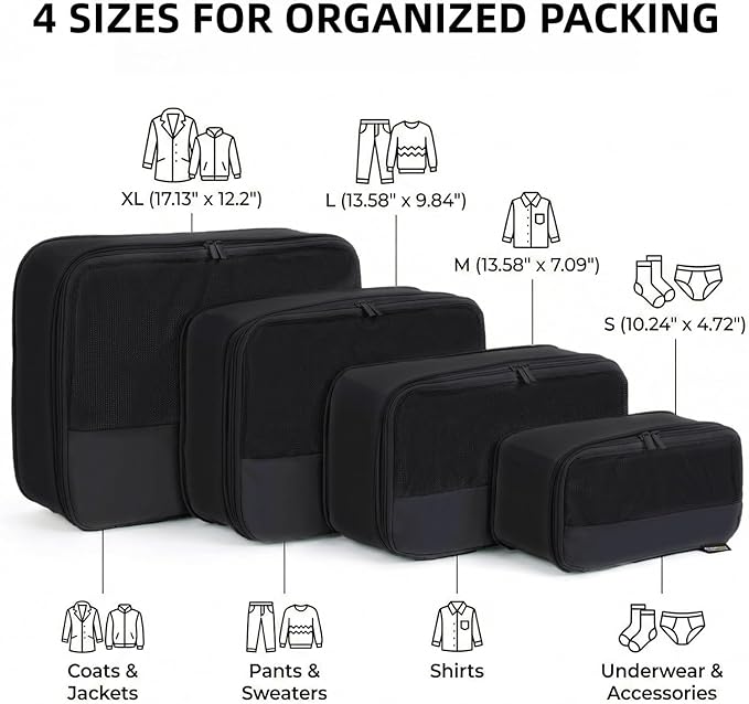 4 Piece Compression Packing Cubes for 3–7 Day Travel, Lightweight Travel Organizers with Breathable Mesh, Double-Zipper Packi
