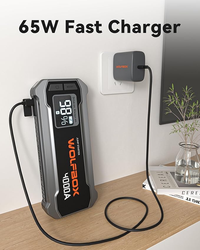 Wolfbox 65W Type-C PD Charge Compatible with Wolfbox Brand Jump Starter, Fast Charging, Universal Compatibility