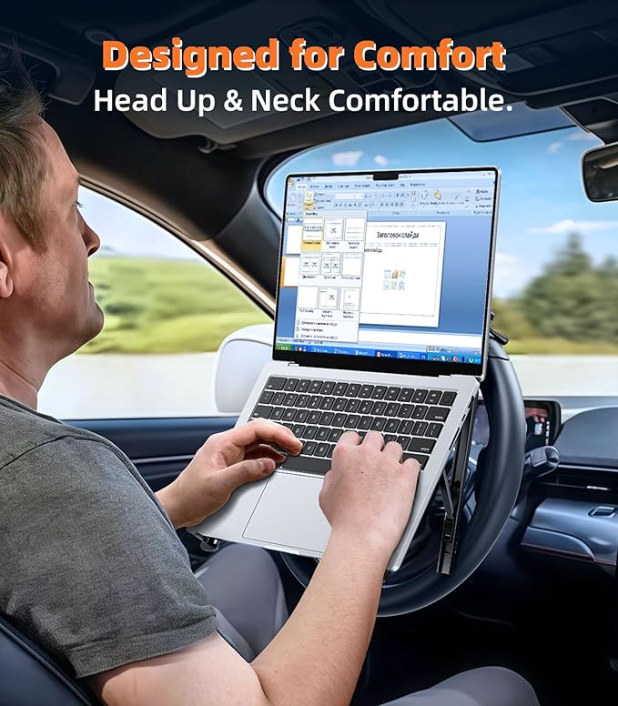 Car Laptop Mount Steering Wheel Tray Holder, Height Adjustable Car Desk for Laptop Computer Tablet, Foldable Portable Lap Laptop Stand for Car Vehicle Workstation Accessories Truck SUV Tesla