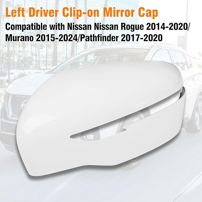 Moonlinks Compatible with Nissan Rogue 2014-2020/Murano 2015-2024/Pathfinder 2017-2020 Left Driver Mirror Cover Replacement, White Left Side Clip-on Mirror Cap Replaces for 96374-4BA0A