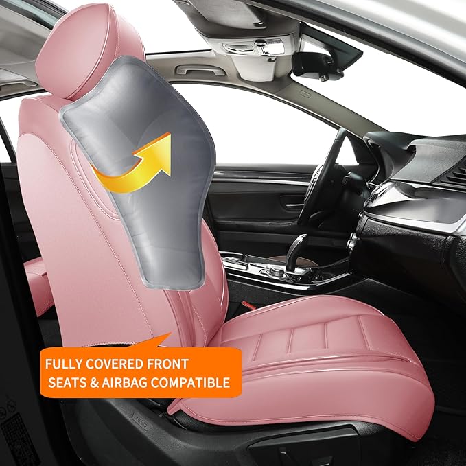Pink Car Seat Covers Full Set, Universal Faux Leather Seat Covers for Cars 5 Seats, Waterproof Leather Car Seat Covers, Comfo