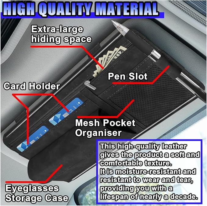 Car Sun Visor Organizer, Leather Multi-Pocket Glasses Card Holder with Zipper, Waterproof Scratch-Resistant Sunshade Storage Bag, Universal Auto Interior Accessory for Car/Truck/SUV (Black)