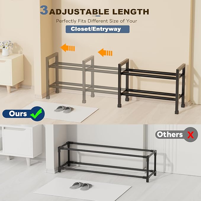 Mavivegue Expandable Shoe Rack, 2-Tier 19"-43.3" Adjustable Shoe Rack for Closet,Hall Entryway,Front Door,Garage, Sturdy Stee