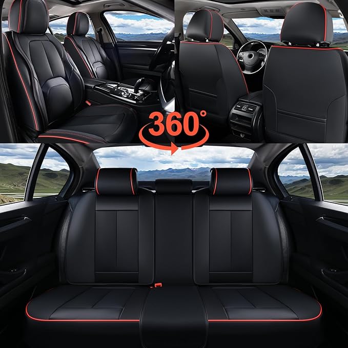 Coverado Car Seat Covers Full Set, Premium Nappa Leather Seat Covers for Car, Waterproof Car Seat Protector with Lumbar Suppo