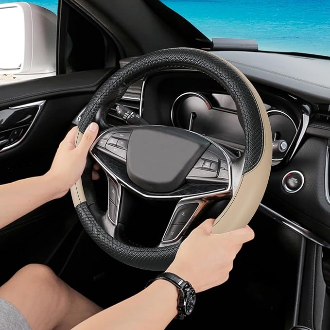 Black & Beige Car Steering Wheel Cover, Microfiber, Leather Patchwork, Universal 14.5-15 Inch Leather Anti-Slip Breathable Au