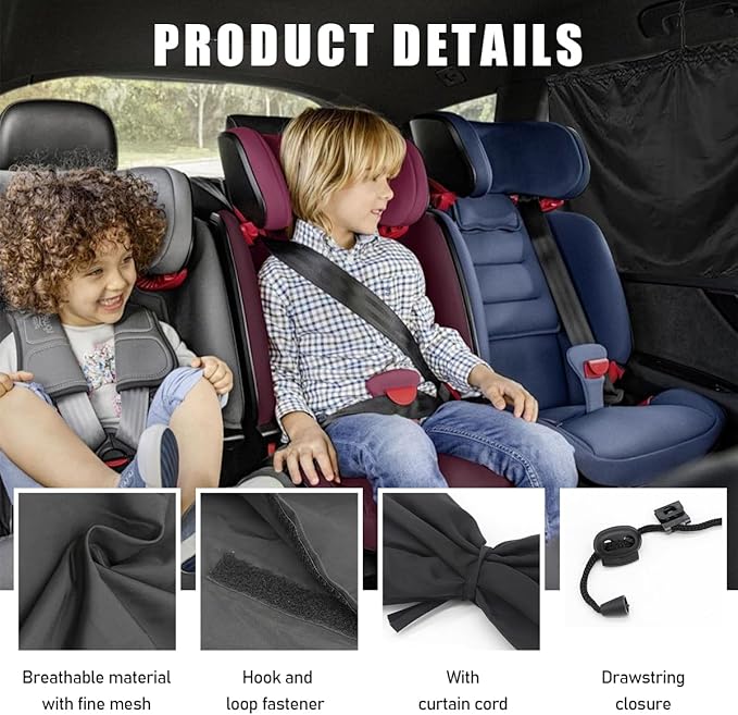 3PCS Car Window Shades, Auto Privacy Divider Curtain with 2 Rear Side Window Shade, Removable Vehicle Sunshade Blocker for Light, Heat, UV Rays, Universal Car Accessories