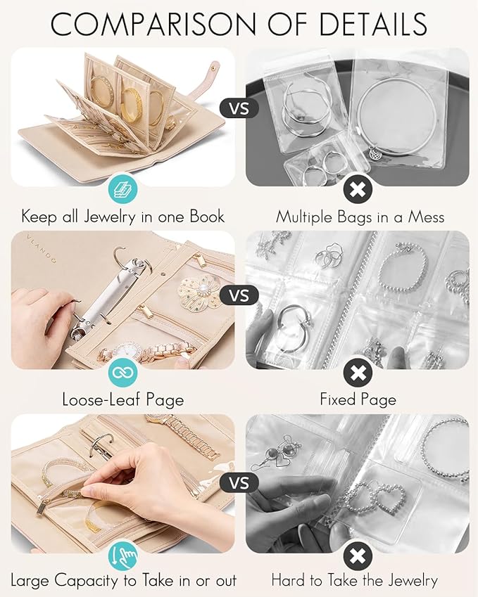 Vlando Travel Jewelry Organizer Case,Jewelry Storage Book Ring Binder with Clear Zipper Velvet Pouch Bag for Travel Essential
