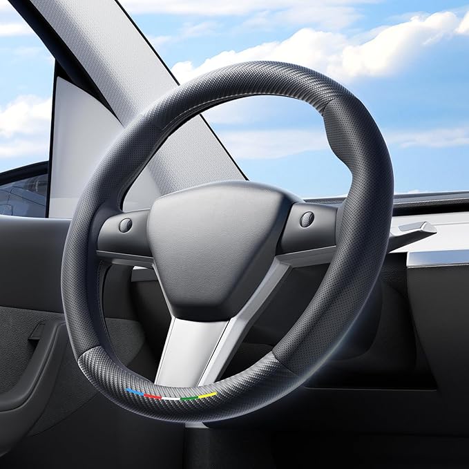Wigoo Car Steering Wheel Cover Compatible with Tesla Model Y/3 [Ergonomic Design, Ultra Breathable] Black Leather Wheel Cover for Better Control, Car Accessory for Women and Men, 14.5''-15''