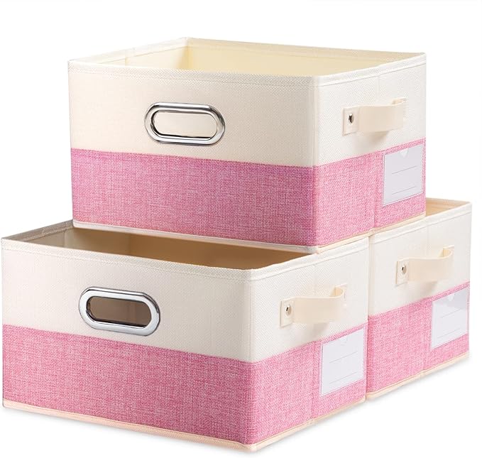 PRANDOM Fodable Storage Bins for Closet [3-pack] Decorative Fabric Storage Baskets Cubes with Leather/Metal Handles for Shelv