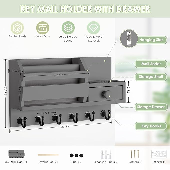 VIS'V Key Holder Wall Mount, Wooden Mail and Key Organizer with Drawer and Shelf, 2 Slots, 6 Hooks, Grey