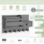 VIS'V Key Holder Wall Mount, Wooden Mail and Key Organizer with Drawer and Shelf, 2 Slots, 6 Hooks, Grey