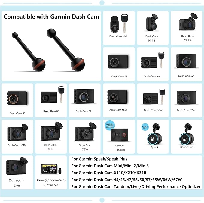 for Garmin Dash Cam Mount,Compatible with Garmin Mini/Mini 2/Mini 3/45/46/47/55/56/57/65W/66W/67W/Tandem/ X110/X210/X310 etc Dash Cam,Aluminum Rearview Mirror Bracket Kit (8.55mm/11mm Ball Heads)