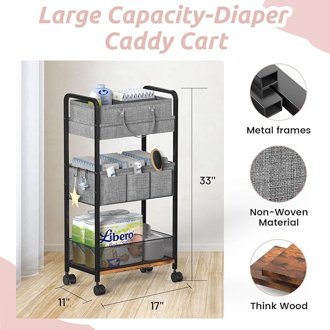 LIDTOP 2In1 Baby Diaper Caddy & 3-Tier Rolling Diaper Cart, Diaper Caddy Organizer Cart with Dividers, Mobile Metal Utility C