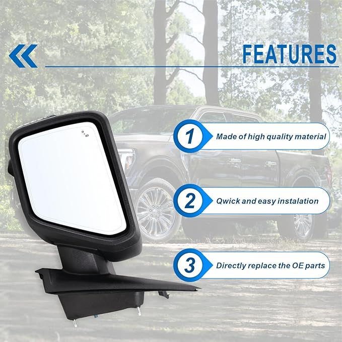 Left Driver Side Mirror Fits 2021-2026 Ford F150 With Power Folding Heated Blind Spot Turn Signal Puddle Light Temperature Sensor Memory Camera Matte Black Replace#ML3Z17683FF5YGY(18+1Pins)