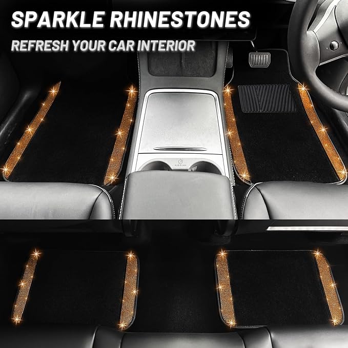 NBTEPEM Bling Car Floor Mats Full Set and Steering Wheel Cover, Universal Fit Most Cars, 4 pcs Sparkle Glitter Diamond Carpet, 5 pcs Bling Car Accessories Set for Women (Orange Diamond)