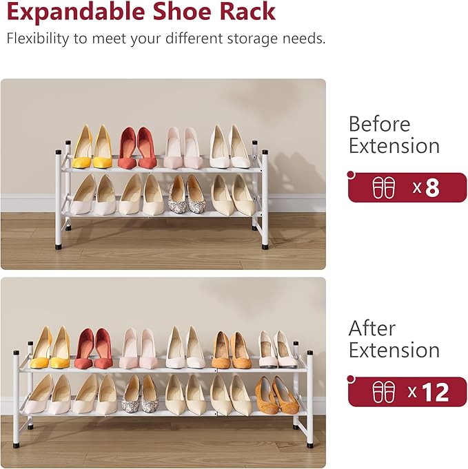 Tajsoon Expandable Shoe Rack for Closet 2 Tier, 28“-41“ Adjustable & Stackable Shoe Shelf Storage, Metal Shoe Rack Organizer 