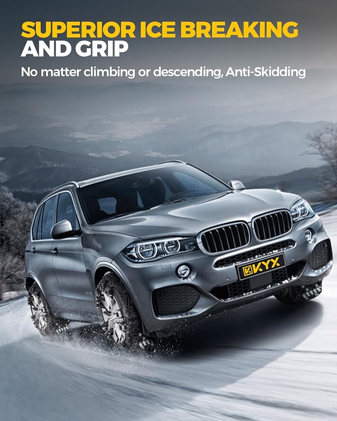 KYX Tire Chains for Car/SUV/Pickup Truks, Adjustable Universal Emergency Snow Chains for Tire, 8.7-11.1 inch, Caoutchouc, Big