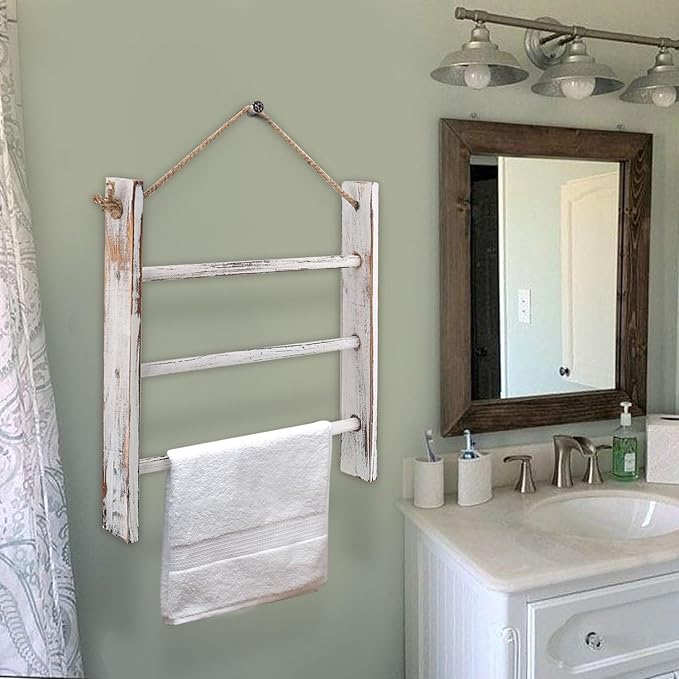 Rustic Wood Ladder Hand Towel Rack for Bathroom, Farmhouse Blanket Ladder for Living Room Hanging Decorative Rack for Blanket