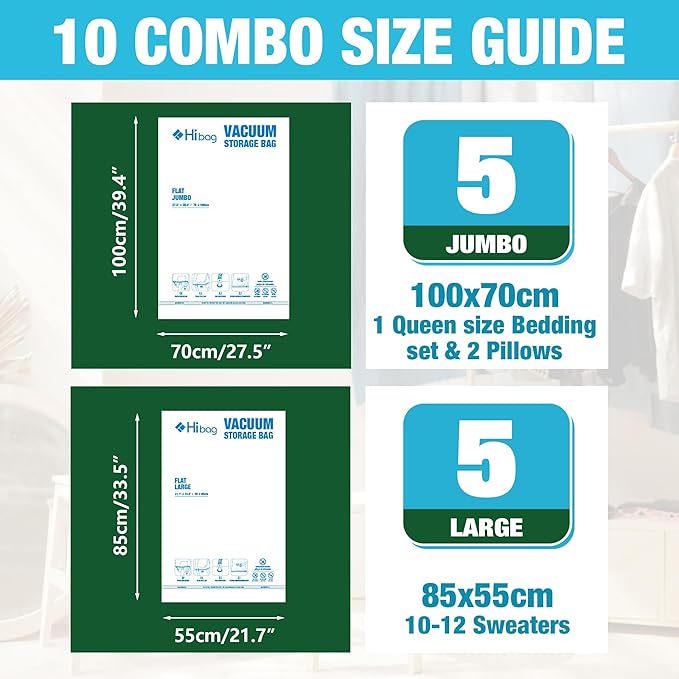 HIBAG Vacuum Storage Bags, 10 Space Saver Bags, Polyethylene (PE), Jumbo & Large Sizes, Zipper Closure, Vacuum Sealed, Ideal 