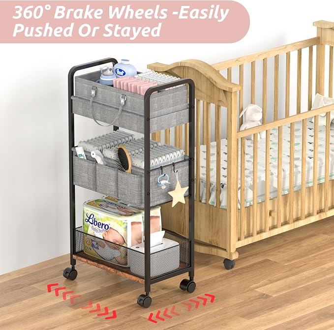 LIDTOP 2In1 Baby Diaper Caddy & 3-Tier Rolling Diaper Cart, Diaper Caddy Organizer Cart with Dividers, Mobile Metal Utility C