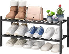 viewcare 2-Tier Black Bamboo Shoe Rack for Entryway, Stackable | Foldable | Natural, Shoe Shelf Storage Organizer for Hallway