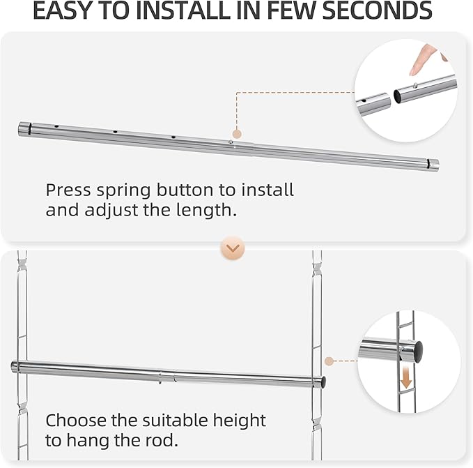 STORAGE MANIAC Hanging Closet Rod, Adjustable Width and Height Closet Hanging Organizer, Space-Saving Clothes Hanging Bar, Cl