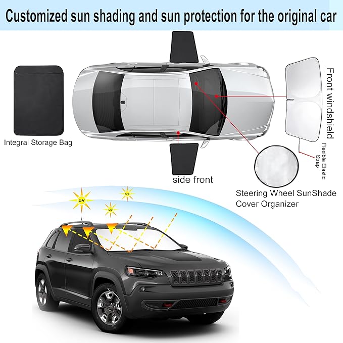 3PCS Car Window Shades Front Windshield Sun Shade Foldable Window Shade Custom Fit for Jeep Cherokee 2016-2019 Accessories Car Shades for Front Windows Anti-UV Rays Block Heat