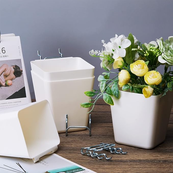 Tessco 12 Sets Pegboard Cups with Hooks Loops Large Bins White Pegboard Wall Organizer Peg Board Containers Square Box Shape 