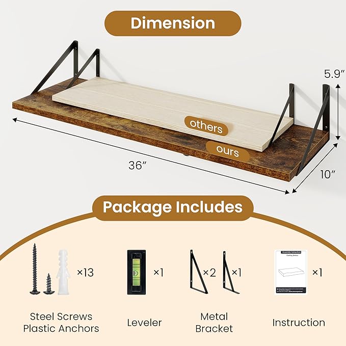 Deep Floating Shelves for Wall,36" Wx10 D Wood Wall Shelves with Metal Brackets,Hanging Storage Floating Shelf for Living Roo