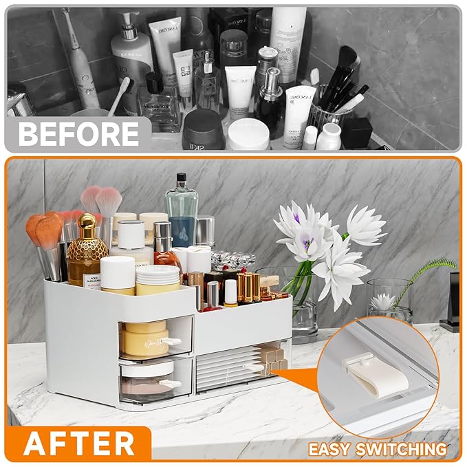 White Makeup Organizer With Drawers,Large Skincare Organizers for Countertop,Desk,Dresser,Plastic Bathroom Counter Organizer 